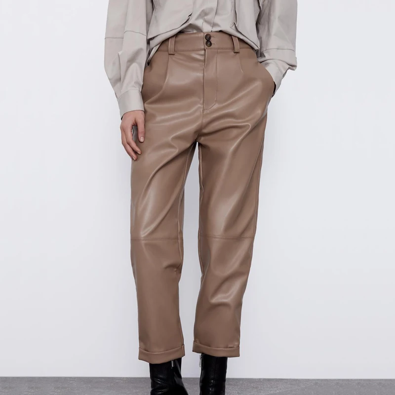 

AGong Casual PU Leather Pants Women Fashion Solid Straight Trousers Women Elegant Pockets Ankle Length Pants Female Ladies AN
