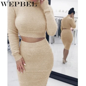 

WEPBEL Women Set 2pcs Sweater + Dress Autumn Winter Fashion New Casual Mini Full Sleeve O Neck Sexy Ladies Clothes Sets