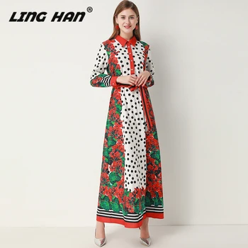 

LINGHAN Fashion Dot Print Maxi Dress Woman Elegant Sashes Long Sleeve party Dresses Designer Spring Summer New