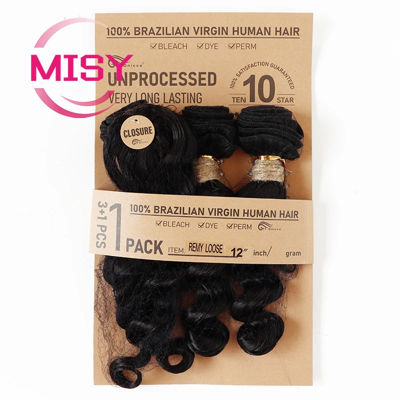 Short Deep Wave Bundles with Closure 100% Natural Human Hair Brazilian Hair Bundles with Machine Made Closure Non-Remy
