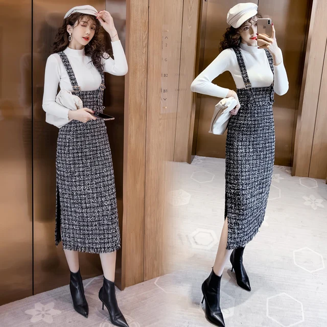 Autumn Woman Sweater Dress Suit Female Casual Knitted 2pcs Set High-neck Slim Sweater + Strap Woolen cloth Dress Suit Set Woman 2