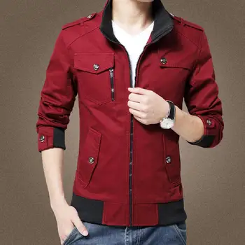 

Casual clothes Outdoor Fashinon Men Coat Solid Color Stand Collar Multi Pockets Jacket Winter Autumn Zipper Slim Coat Thin