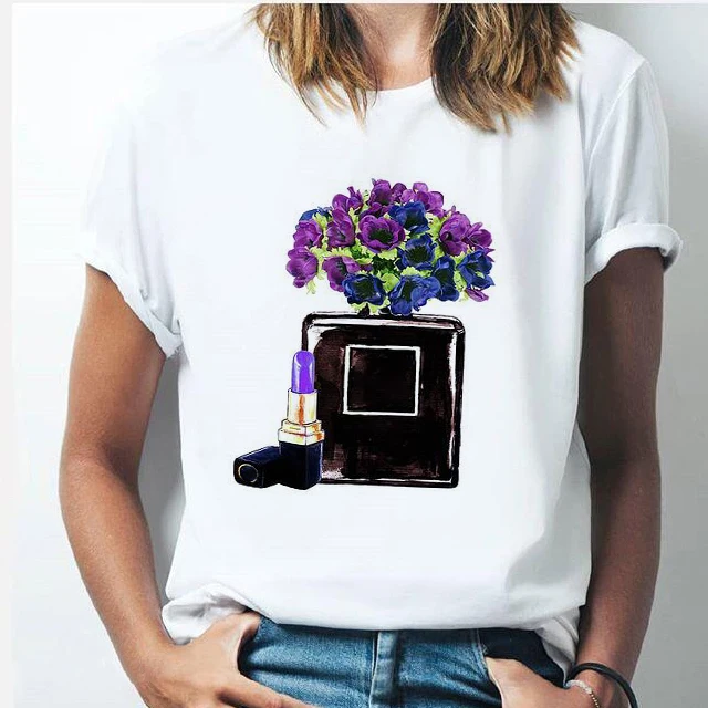 

Fashion brand Pink Perfume Bottle Sweet t shirt women Colorful Flower print Short Sleeve harajuku Casual Korean Style Tops Tees