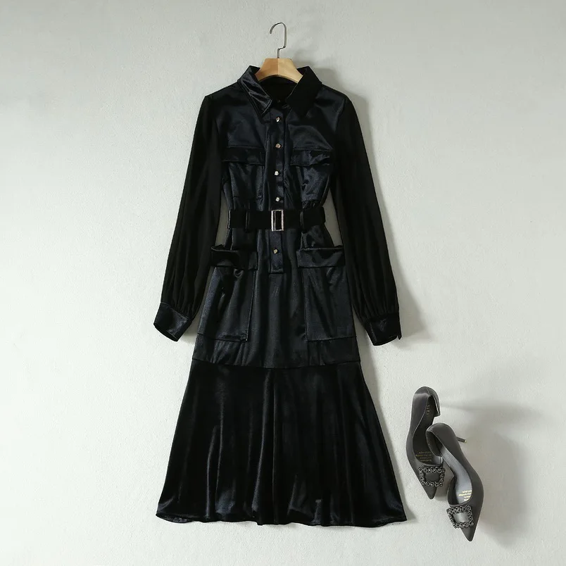 Зимние модные сексуальные вечерние платья русалки высокого качества женские бархатные платья до середины икры с отложным воротником и нагрудным карманом - Цвет: black