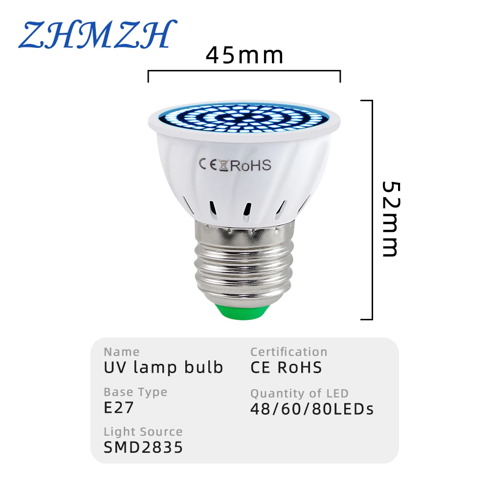 ZHMZH 48 60 80 LEDs UVA Sterilizing Lamp Bulb Ultraviolet Germicidal Light Desinfection Bulb E27 110 220V 365nm UV