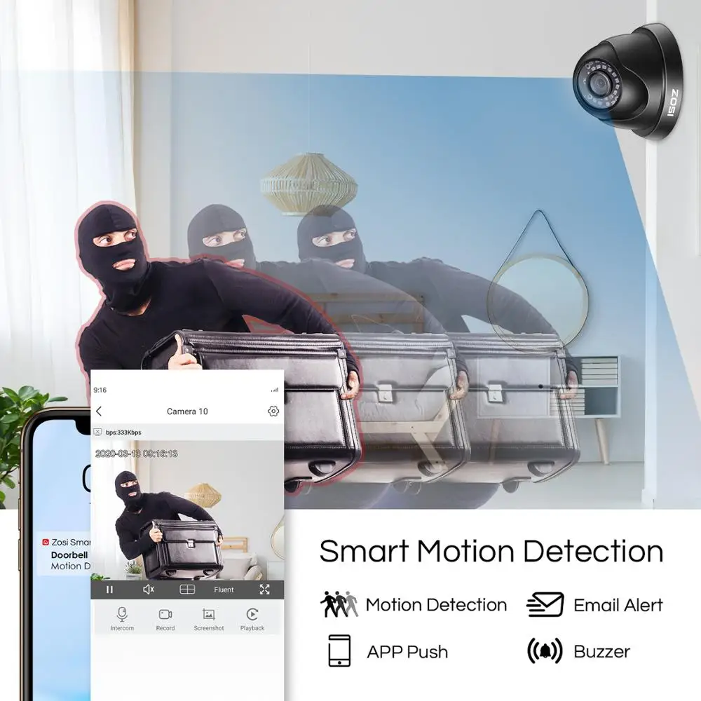 Камера видеонаблюдения ZOSI HD Купольные Камеры 8 каналов 1080 пикселей H.265 + DVR шт.|system