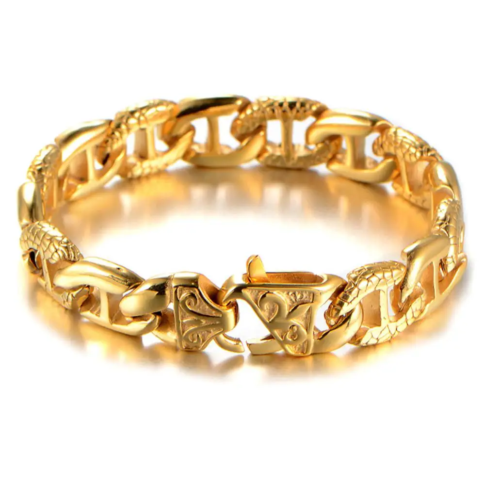 Дизайн Байкер Мужской 15 мм широкий золотой тон браслет из нержавеющей стали кубинские звенья цепи литья браслет ювелирные изделия цветок-застежка 8,26"