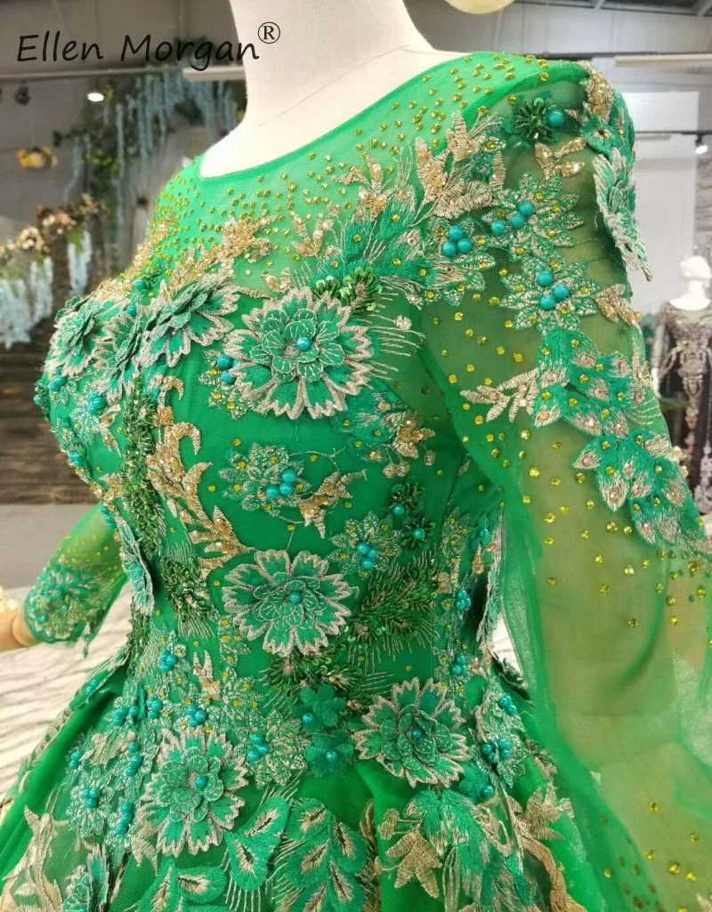 Arabic Muslim Green Evening Dresses Long Sleeves Elegant Boat Neck Applique Tulle Formal Party Ball Gowna For Wowam