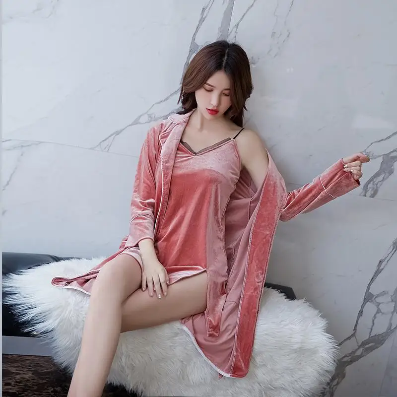 Сексуальный женский велюровый топ из 2 предметов, пижамный комплект, кимоно, одежда для сна, зимняя Домашняя одежда, спальный костюм халат, пижамы m-xl - Цвет: Розовый