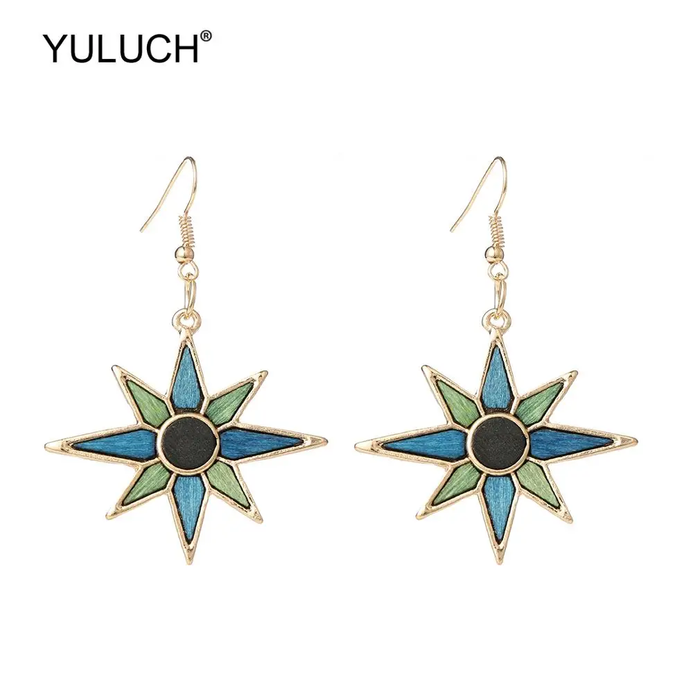 

YULUCH Women Long Hoop Earrings Fashion Jewelry Ethnic Bohemian Gold Metal Zinc Alloy Setting Triangle Wooden Dangle Earrings