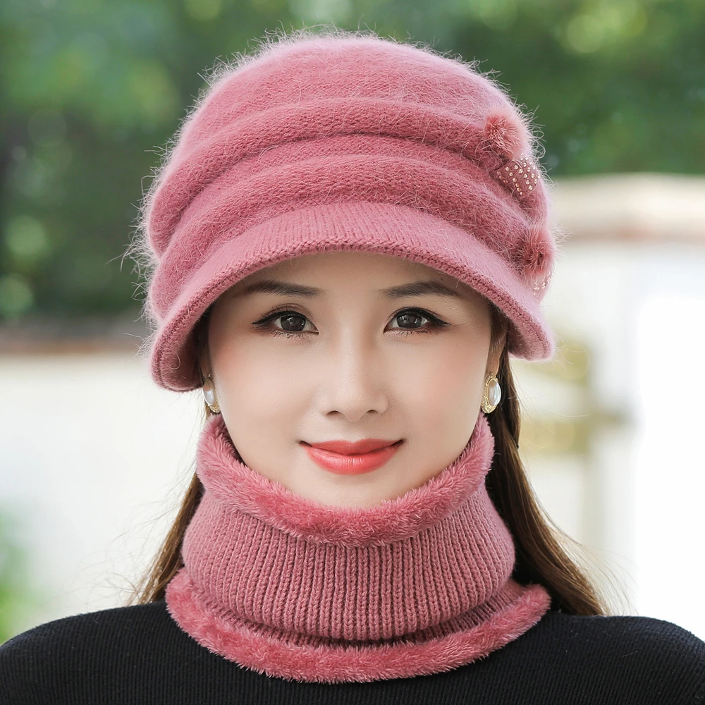 Gorro de Invierno para mujer, gorro con forro de piel y bufanda, conjunto cálido de moda, informal, de punto, de piel de conejo, novedad
