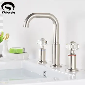 

Brushed Nickel ORB Basin faucet Hot cold mixer tap Crystal dual handle three hole install modern faucets