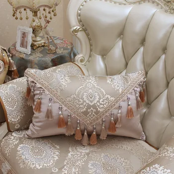

European court style jacquard cushion cover tassel pillowcase champane/beige/light blue fringe waist pillow cover for backrest