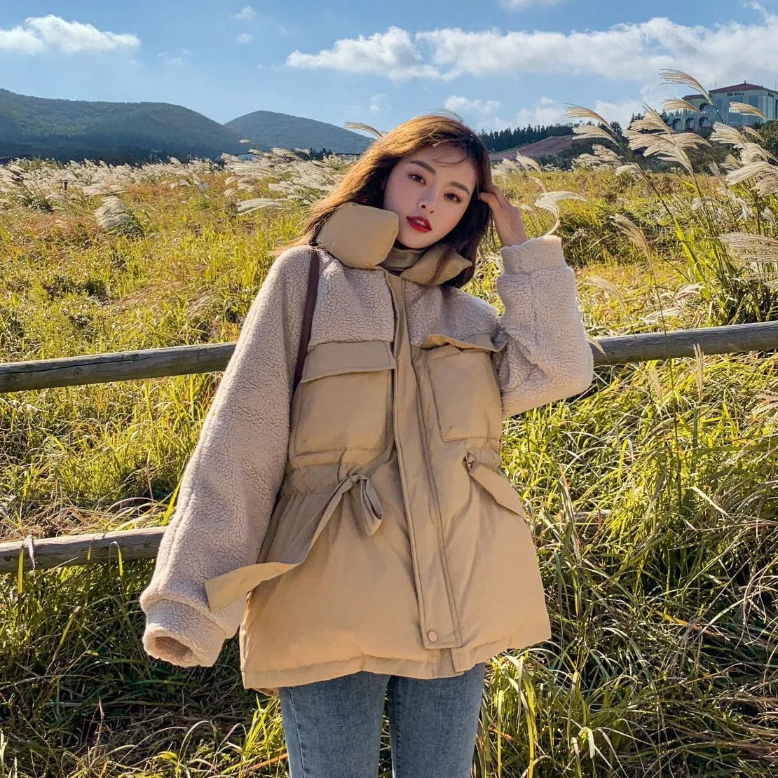 

Photo Shoot CHIC Ladies' Khaki Fold-down Collar Drawstring Waist Hugging Slimming Lambs Wool Joint Mock Two-Piece Cotton Coat Co