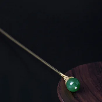

Round Green Chalcedony Hair Accessories for Women Wedding Bride Party Jewelry Gold 925 Sterling Silver Japanese Hair Sticks