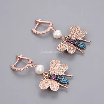 

GG Jewelry White Pearl Rose Gold Plated CZ Pave Bees Earrings