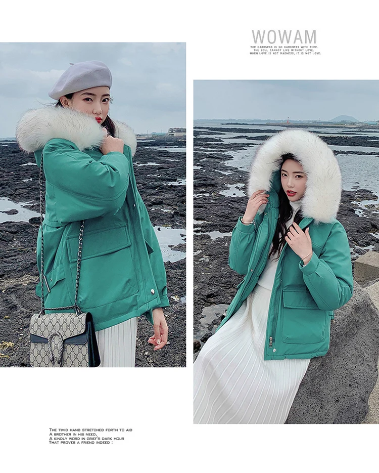 Мех с капюшоном утолщаются теплые зимние пуховые пальто для женщин Твердые Карманы размера плюс хлопковые куртки корейские женские модные элегантные парки Новые