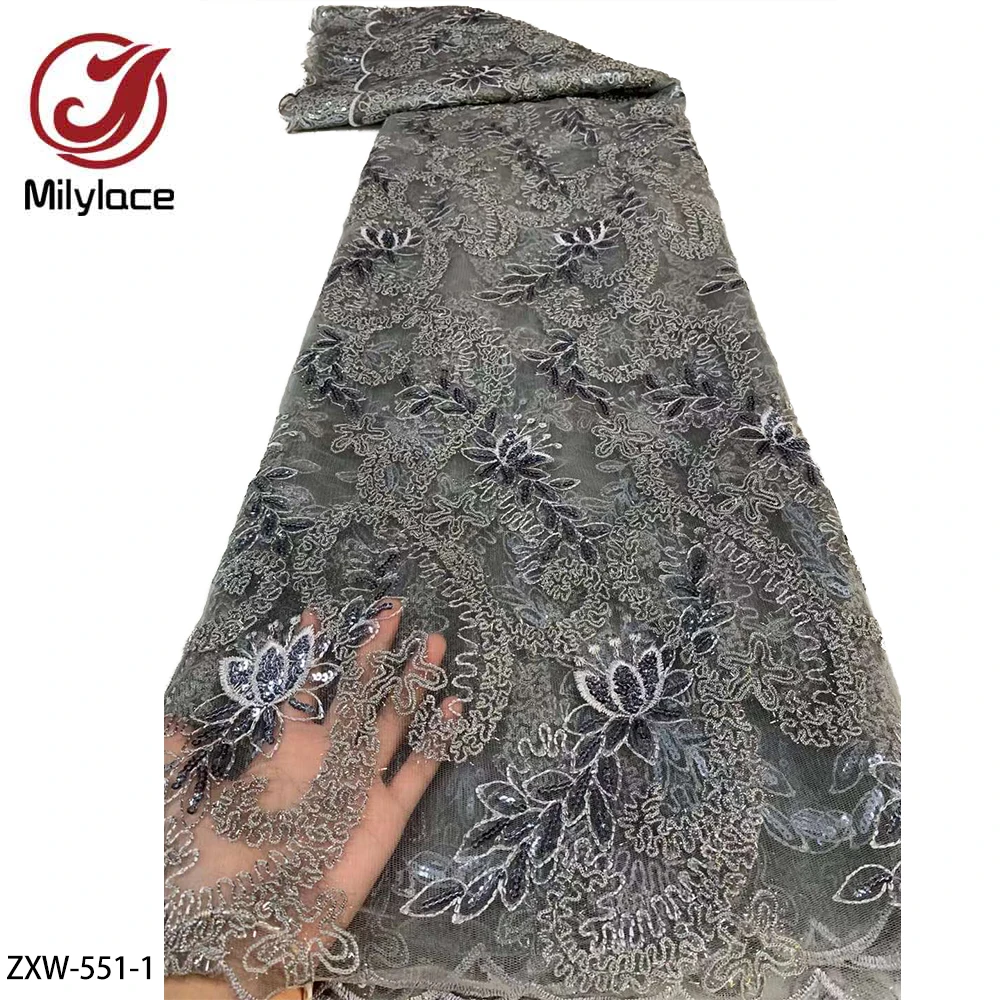 

African Lace Fabric 2021 High Quality Embroidery French Nigerian Lace Fabric with Sequin 5 Yards for Wedding Party Dress ZXW-551