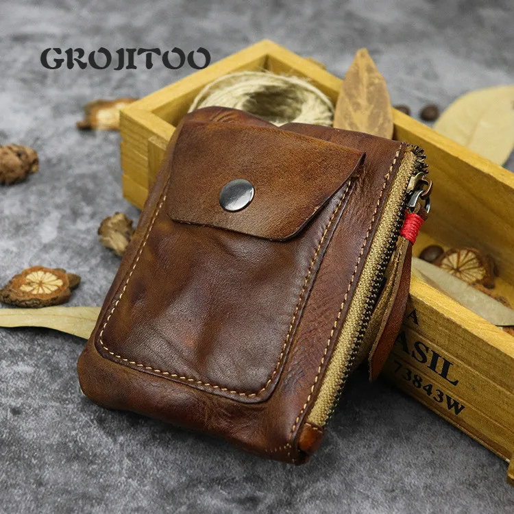 

GROJITOO Leather vegetable tanned leather driver's license zipper light and simple pleated large capacity change bag card bag
