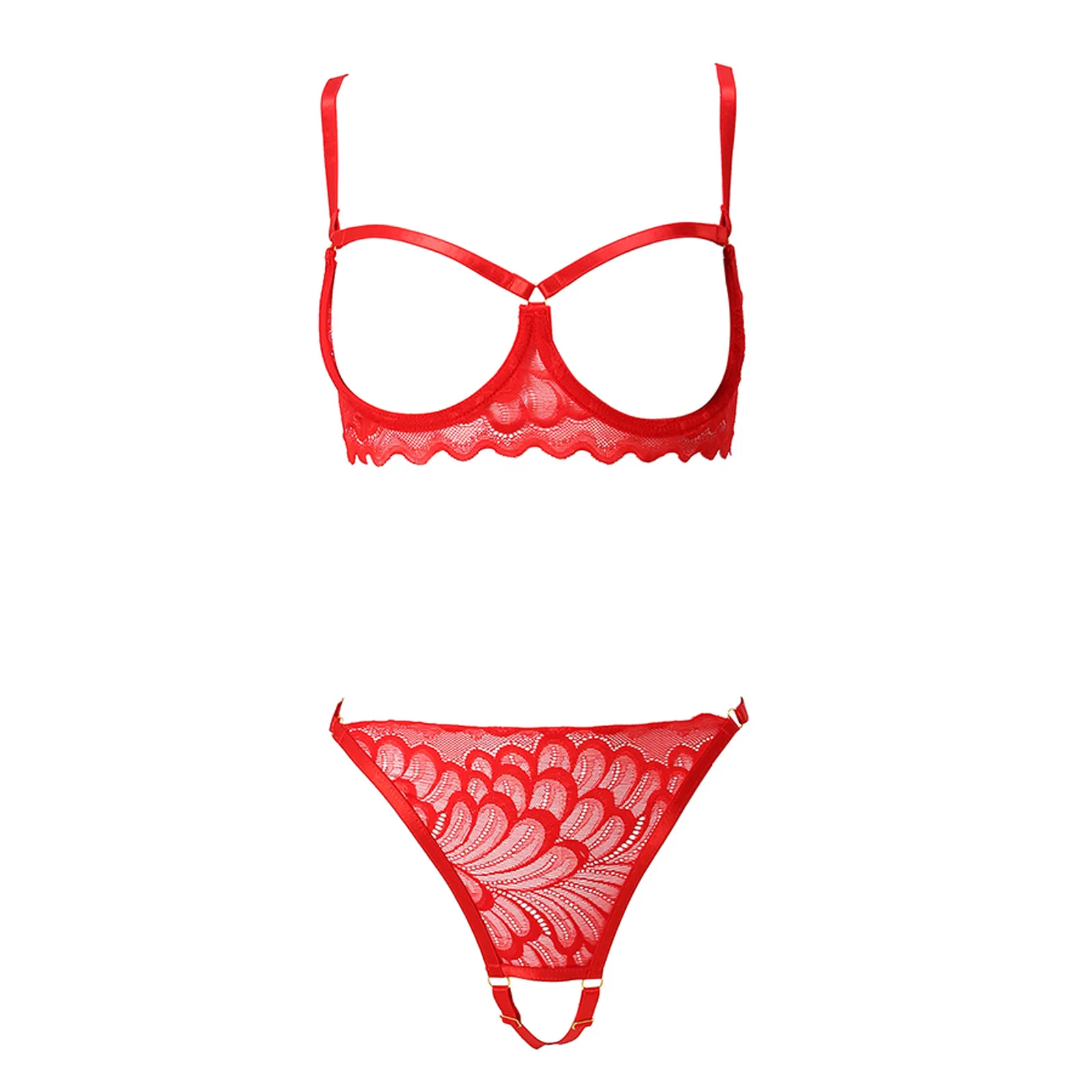 Women's Lingerie Set Sexy Lace Mesh Hollow Out Open Bras Crotchless Panties Two-piece Suit Red Underwear Set Babydolls