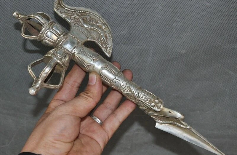 Тибетский буддистский тибетский серебряный Ваджра, Дордже Ax Phurpa Pestle Статуэтка дракона