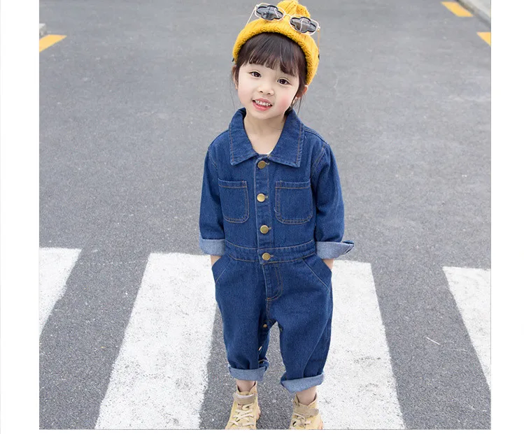 New spring Korean style fashion long-sleeved long section denim jumpsuit with cartoon print for boys and girls