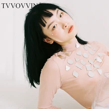 TVVOVVIN, новинка, Осень-зима, высокий воротник, длинный рукав, с блестками, с разрезом, свободная, перспективная футболка для женщин, M140