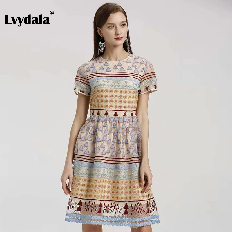 Lvydala, модное дизайнерское платье, весна-лето, женское платье, короткий рукав, сетка, треугольные точки, вышивка, винтажные элегантные платья