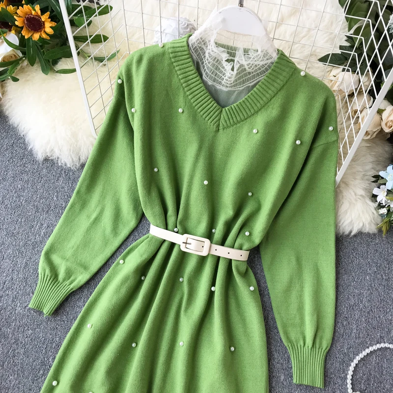ALPHALMODA женский свитер с бисером+ кружевное платье 2 шт. очаровательный костюмчик длинный рукав ногтей бусина с поясом Женское зимнее 2 шт. повседневное вязаное платье