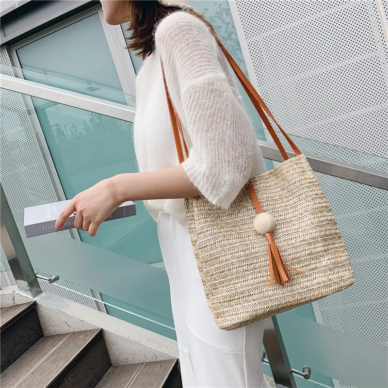 

South Korea Official Website Celebrity Style Casual Weaving Shoulder Straw Bag INS Summer New Style Versatile Bucket Bag Handbag