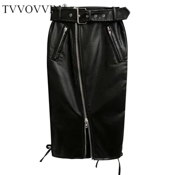

TVVOVVIN Leather Women Skirt Black PU Skirt High Waist Zipper Split Vintage Skirts Fashion Leather Long With Belt Autumn N5DN
