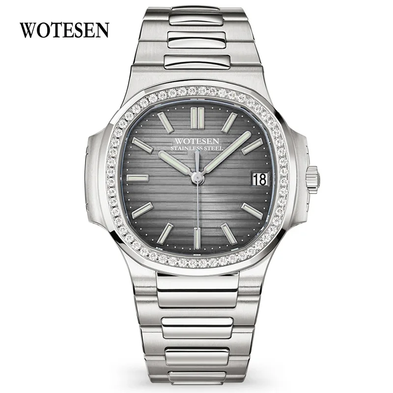 Silver Gray WOTESEN часы для мужчин лучший бренд класса люкс Алмаз кварцевые Брендовые спортивные часы мужские стальные армейские военные мужские деловые водонепроницаемые часы - Цвет: Silver Gray