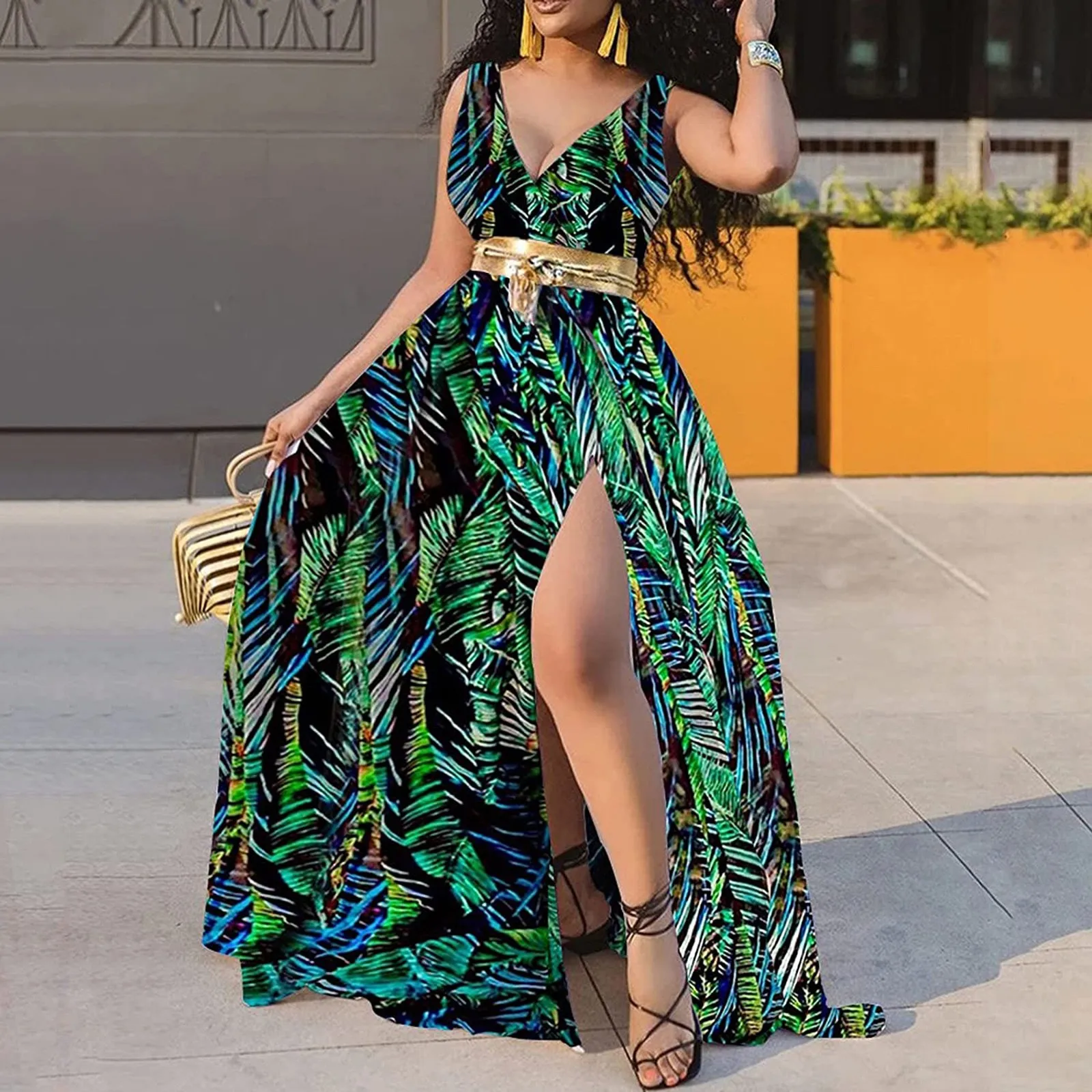 2021 Summer Women's Sexy V-Neck Polka Dot Print Split Slim Long Maxi Dress Sleeveless Stylish Beach Party Dress Mujer Vestidos 2