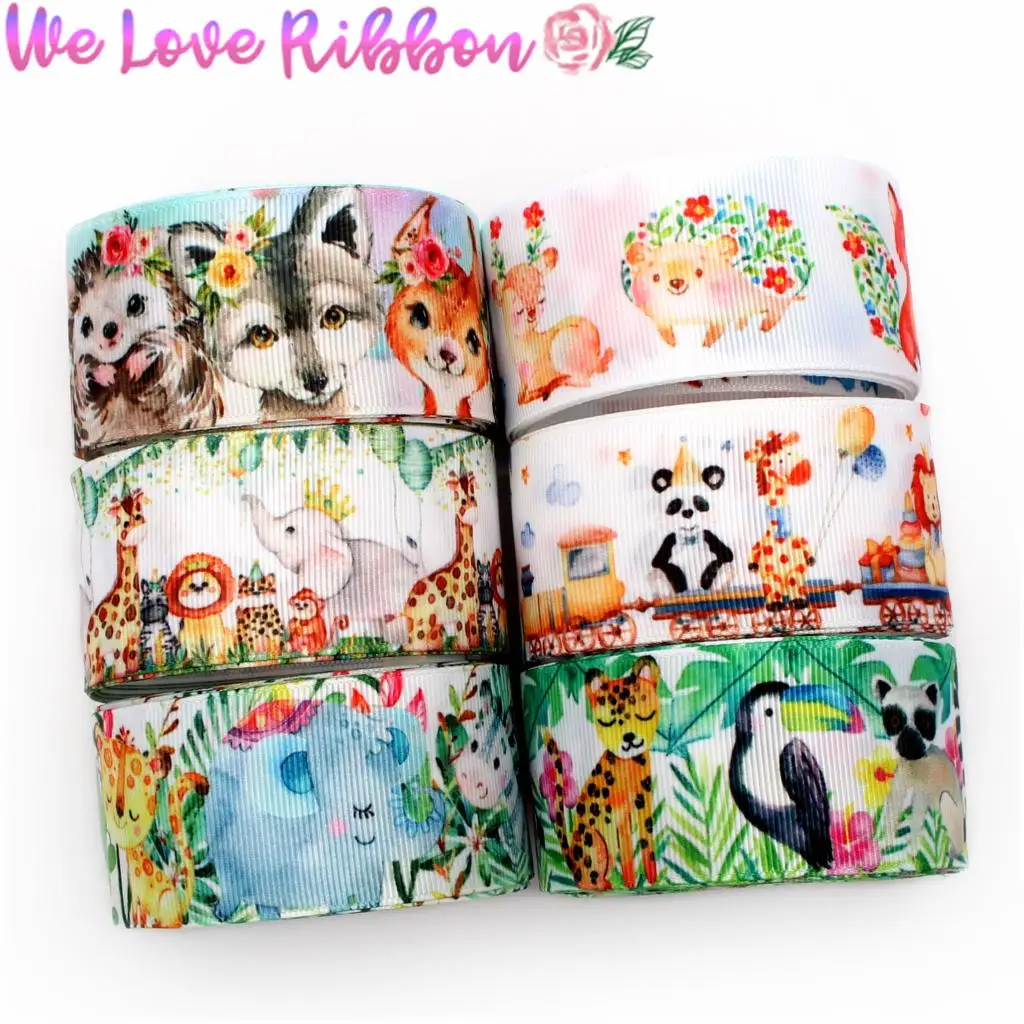 

16mm-75mm Animal Series Elephant Panda Lion Monkey Giraffe Deer Fox Printed Grosgrain/Foe Ribbon DIY Hair Bowknots 50yards/roll