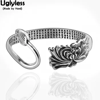

Uglyless Solid 999 Pure Silver Heart Sutra Bangles for Women Buddhistic Gifts open Bangles Thai Silver Lotus Peony Jewelry BA676