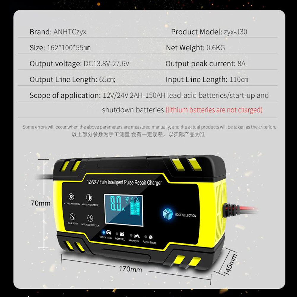 Полностью автоматическое автомобильное зарядное устройство 100-240 В до 12 В 8A 24 В 4A интеллектуальная Быстрая зарядка влажный сухой свинцово-кислотный цифровой ЖК-дисплей