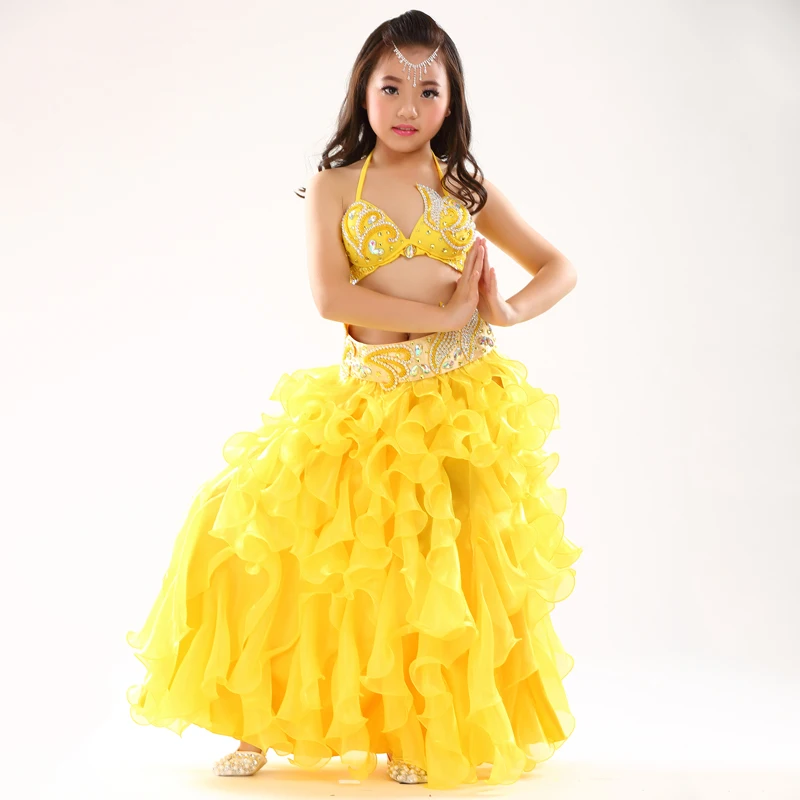 Дети танец живота сценическое представление одежда Восточный танец наряд бисером бюстгальтер пояс юбка девушки набор костюма для танца живота детей - Цвет: Yellow-BraBelt-Skirt