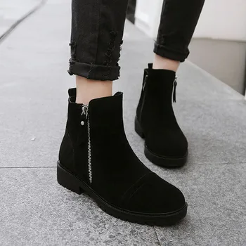 

Casual comfortable round toe flock ankle boots fashion zipper waterproof black low heel thick motorcycle boots women's shoes