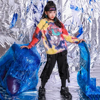 

Child Hip Hop Costumes Colorful Gradient Tie-Dye Long-Sleeved Top Girls Street Dance Clothing Boys Modern Stage Wear DN5007