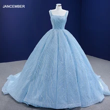 

RSM67331 Sky Blue Evening Dress Wide Suspenders Square Neck Sexy Backless Sequined Prom Dress With Trailing Tail