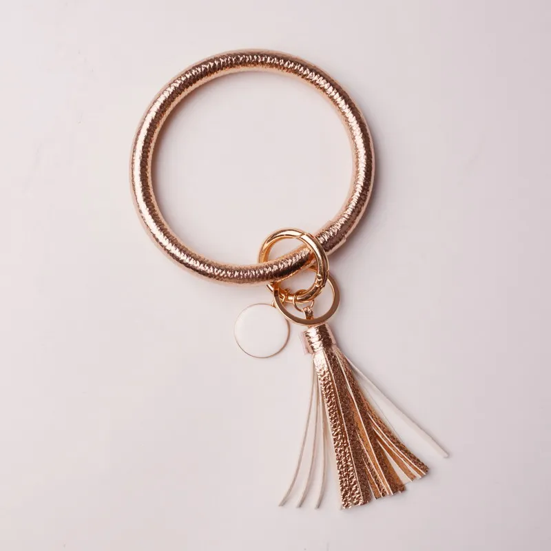 DZ0090 rose gold Резиновые Новые Модные леопардовые брелок с кистями эмаль ПУ кожа O брелок монограмма круг браслет брелок для женщин девочек - Цвет: DZ0090 rose gold