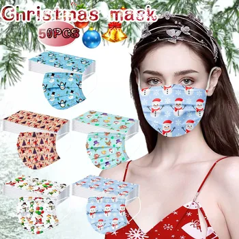 

50 pcs Christmas Printed Personalized Pattern Adult Disposable Mask Dust-proof And Breathable 3-layer Protective Non-woven Mask