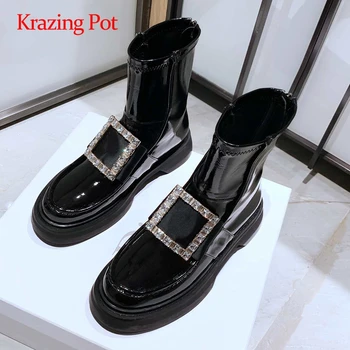 

Krazing pot winter boots microfiber buckle decorations round toe thick med heel back zipper energy lady star mid-calf boots L05