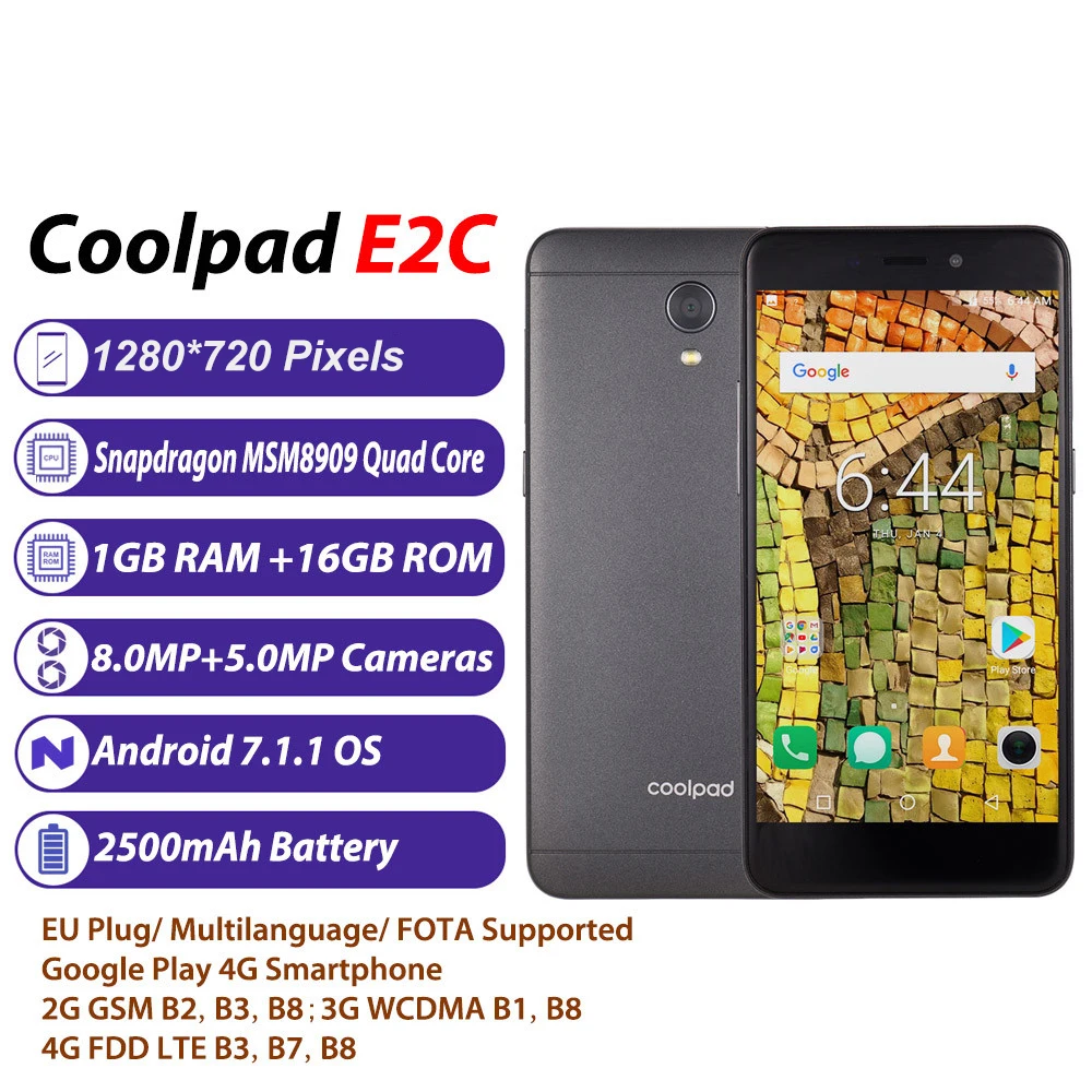 Coolpad E2C, 4G смартфоны, 5,0 дюймов, четырехъядерный процессор Snapdragon 210, 2500 мАч, 1 ГБ ОЗУ, 16 Гб ПЗУ, 4 ГБ, 8 Мп+ 5 Мп камера, две sim-карты, мобильные телефоны