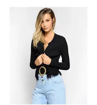 

2020 Spring New Style Solid Color Long Sleeve Vertical Striped Tassels Hem Slimming Short Knit cardigans coat