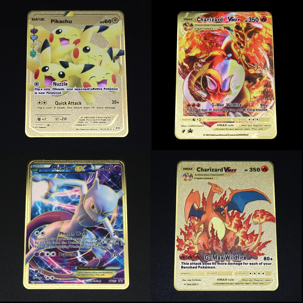 Pokemon Gold Mewtwo EX GX Пикачу металлические Редкие карты играющие железные буквы Vmax Charizard