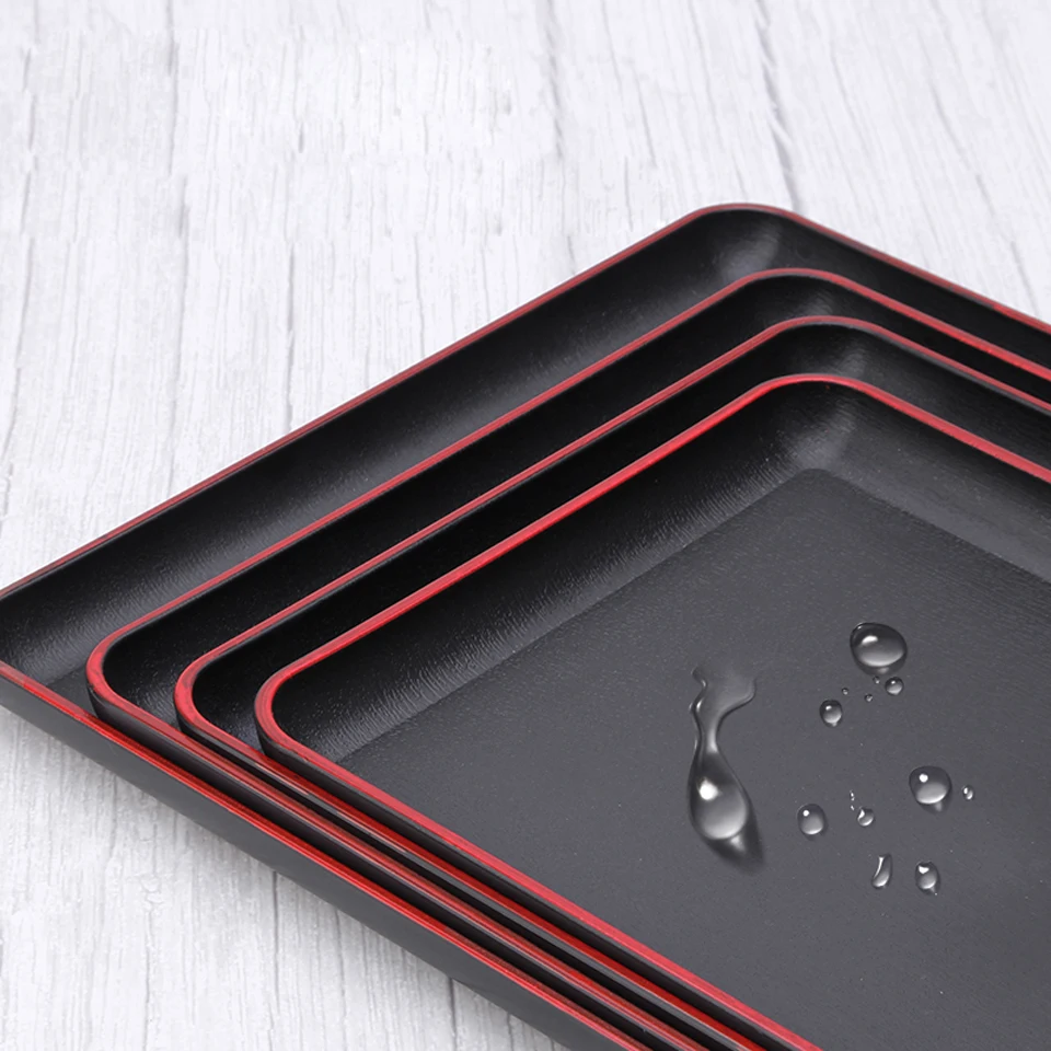 Japanese Tray Sushi Plate Melamine Imitation Porcelain Dinner Plate Rectangular Black Red Edge Hotel Guest Room Storage Tray 5