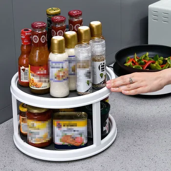 

Rotatable Kitchen Storage Rack Desktop Multifunctional Plastic Round Storage Cabinet Spice Bottle Bath Cosmetics Makeup Tray