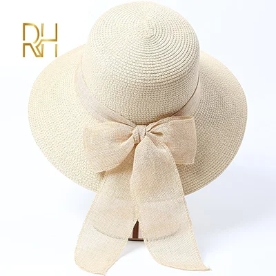 Летняя соломенная шляпа для женщин, складная женская Соломенная летняя шляпа с большими полями, пляжная шляпа с козырьком - Цвет: Бежевый