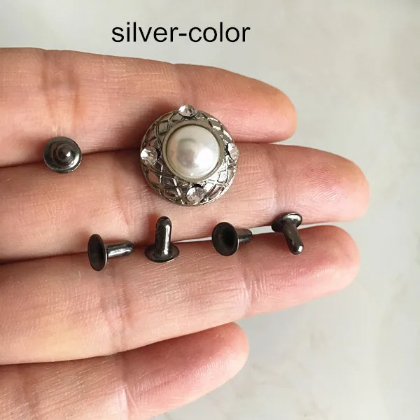 Silver 50 шт-15 мм круглые купольные металлические заклепки с жемчугом и стразы, золото, серебро, черный Gunmetal, DIY заклепки шипы для сумок, обуви - Цвет: Silver